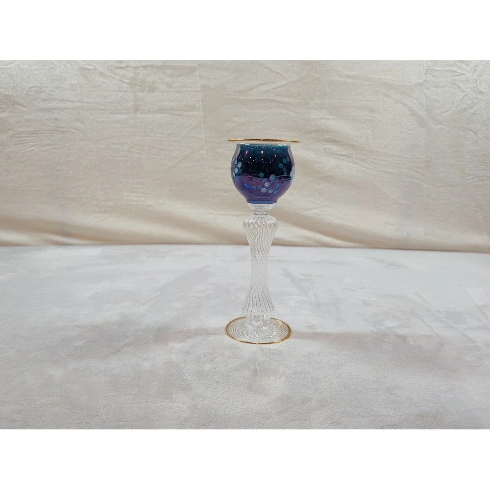 Egyptian Museum Fine Glass Hand Blown Blue Purple Gold Trim Candle Holder 10.25